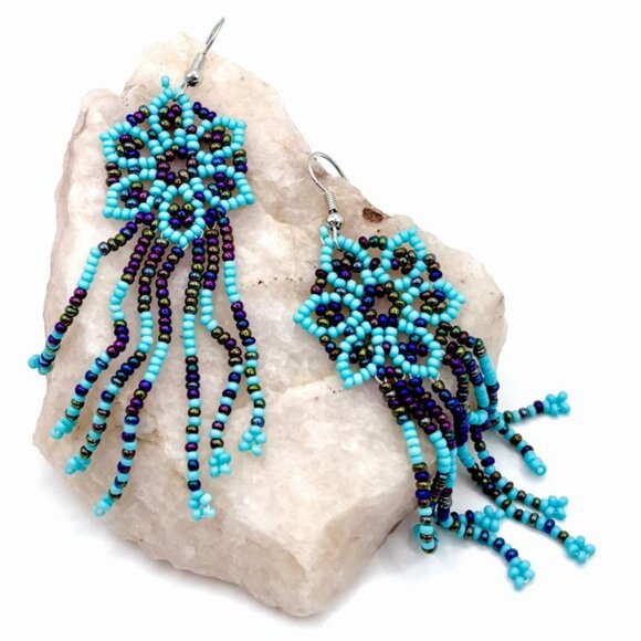 Turquoise & Iridescent Black Flower Tassel Hand Beaded Seed Bead Dangle Earrings - Picture 1 of 3